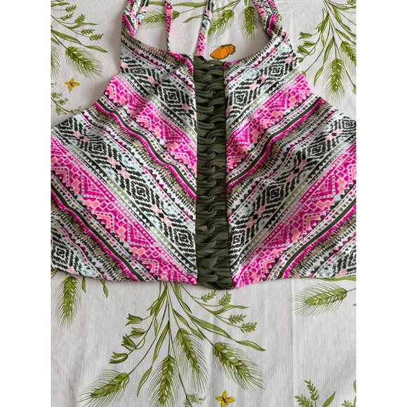 Time & Tru High Neck BikiniTop Strappy Back Pink & Green Tribal Print Size 3X - Picture 1 of 6